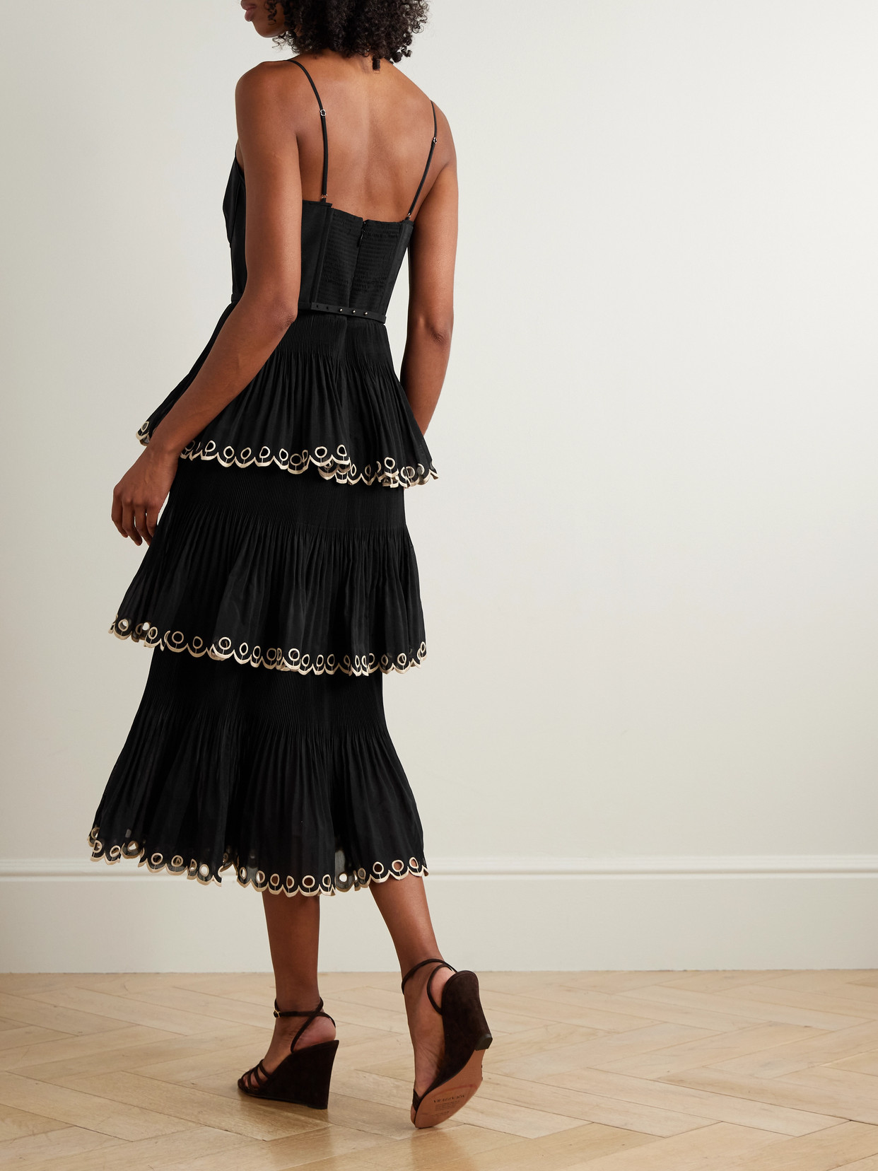 Zimmermann Tiered Embroidered Georgette Midi Dress In Black