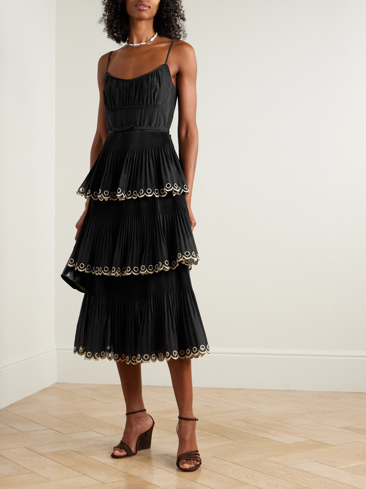 Zimmermann Tiered Embroidered Georgette Midi Dress In Black