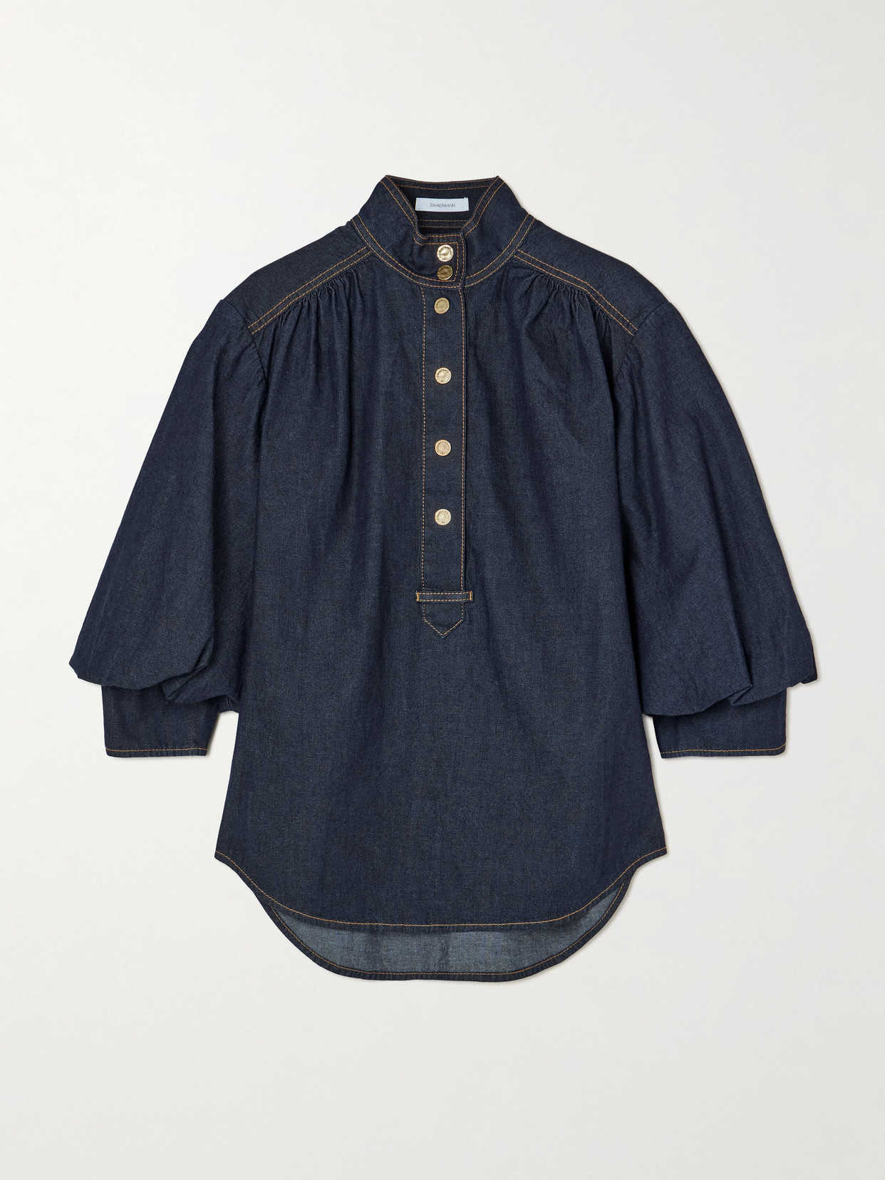Zimmermann Billow Gathered Denim Blouse In Blue