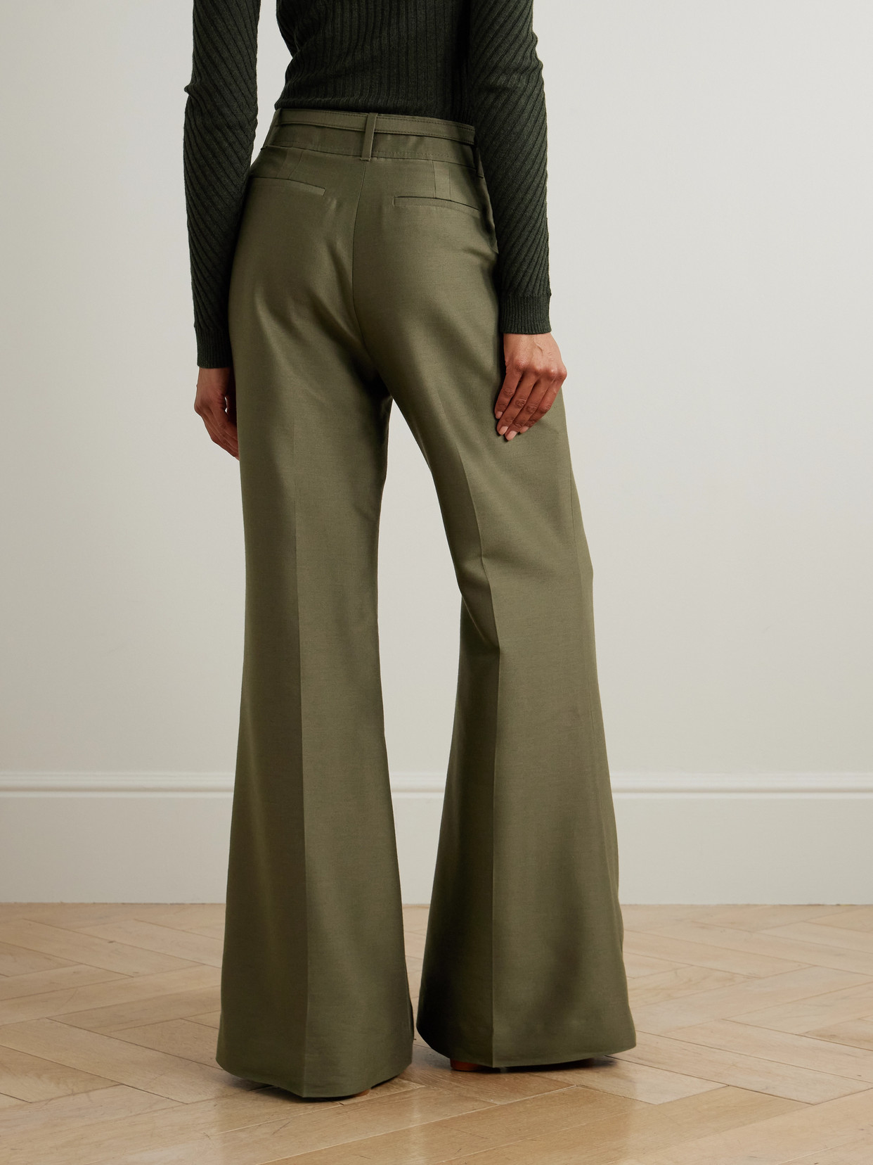Zimmermann Rebellion Belted Wool And Silk-blend Flared Pants In Green