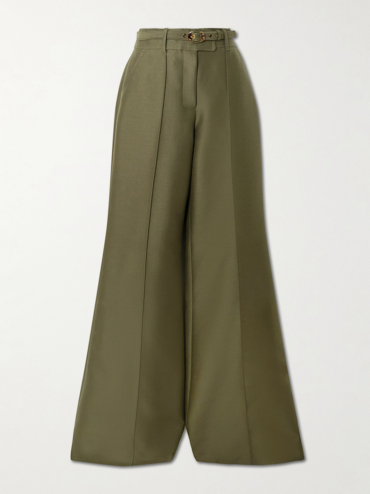 Zimmermann Rebellion Belted Wool And Silk-blend Flared Pants In Green