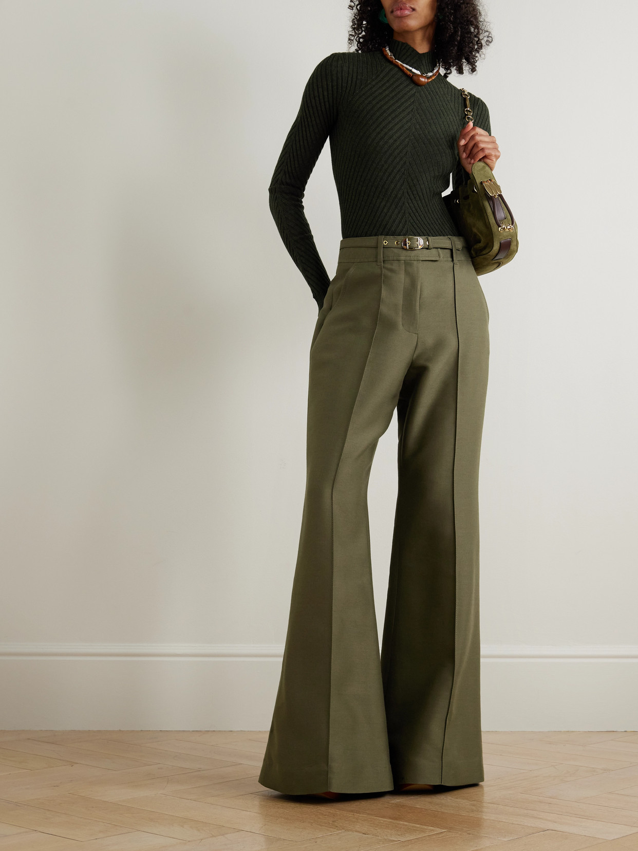 Zimmermann Rebellion Belted Wool And Silk-blend Flared Pants In Green