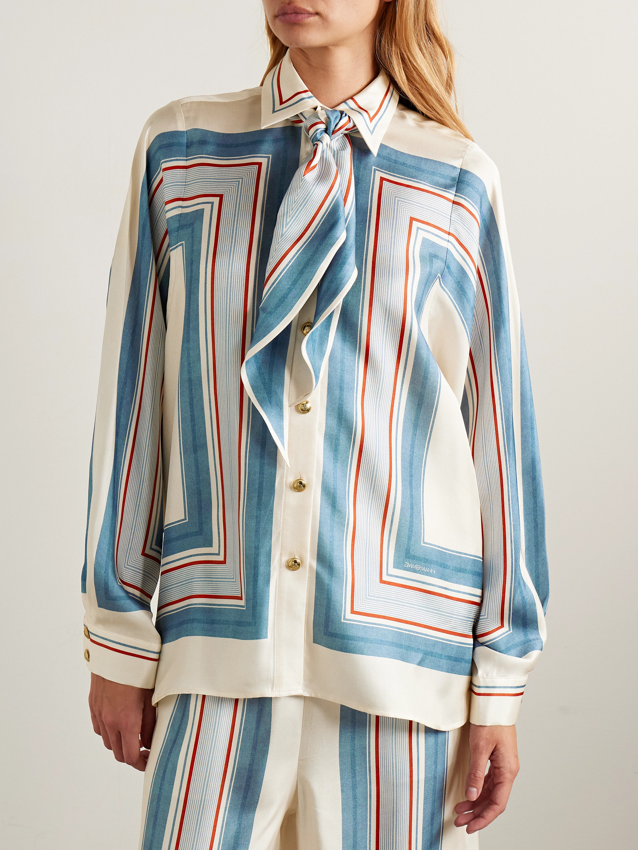 Zimmermann Tie-neck Striped Silk-twill Shirt In Blue