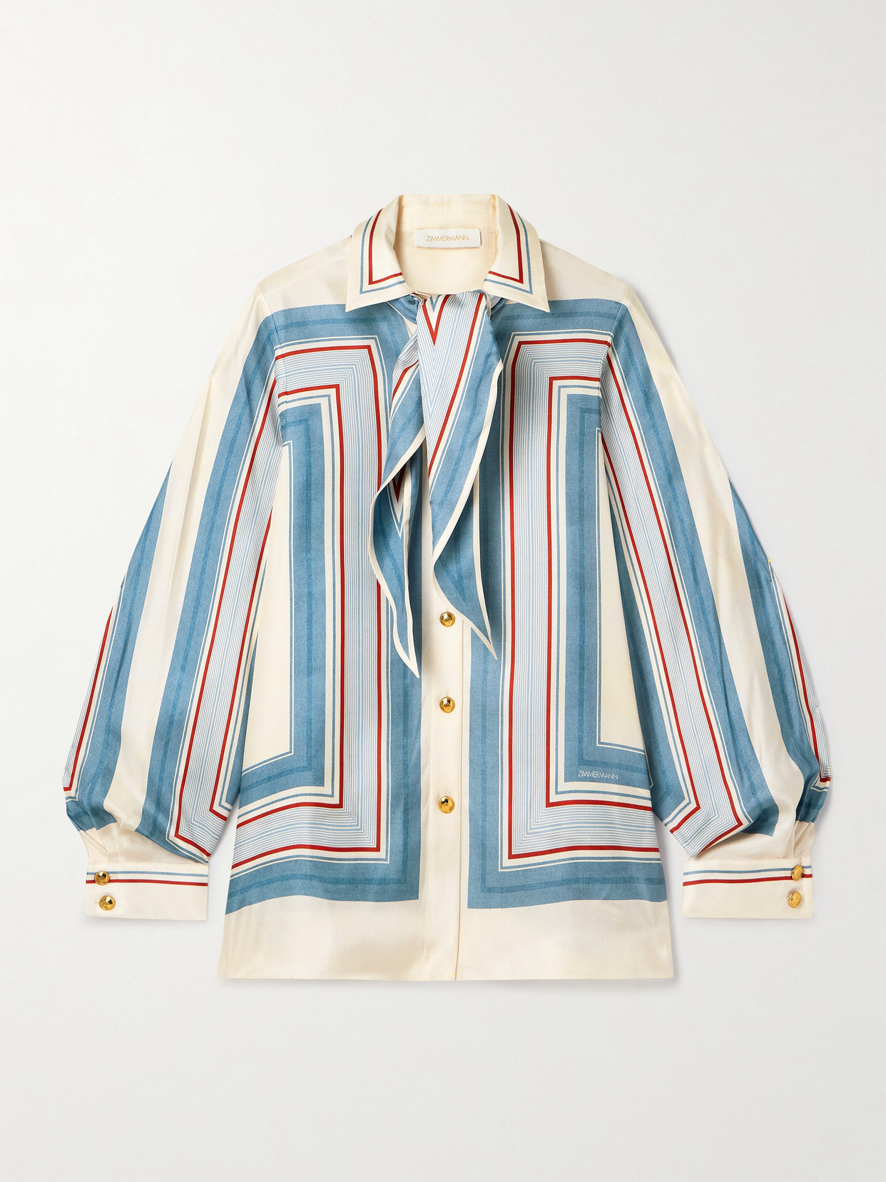 Zimmermann Tie-neck Striped Silk-twill Shirt In Blue
