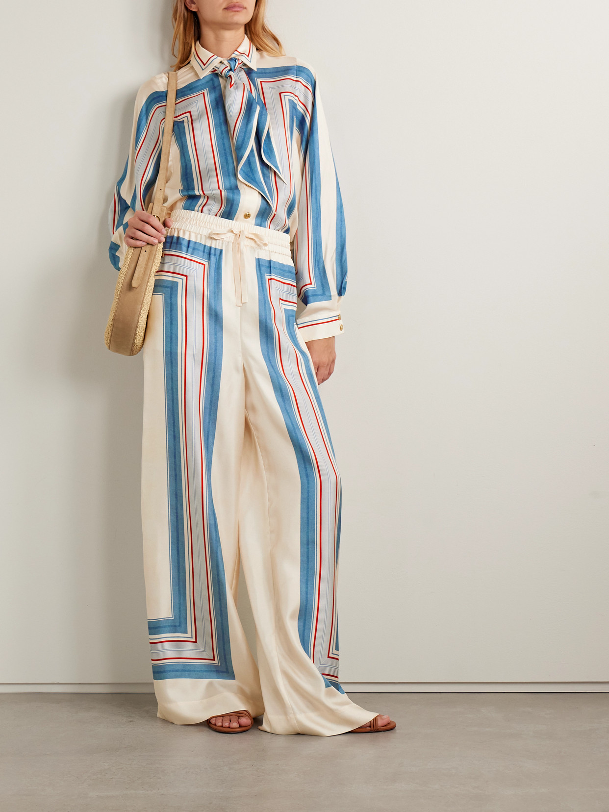Zimmermann Tie-neck Striped Silk-twill Shirt In Blue