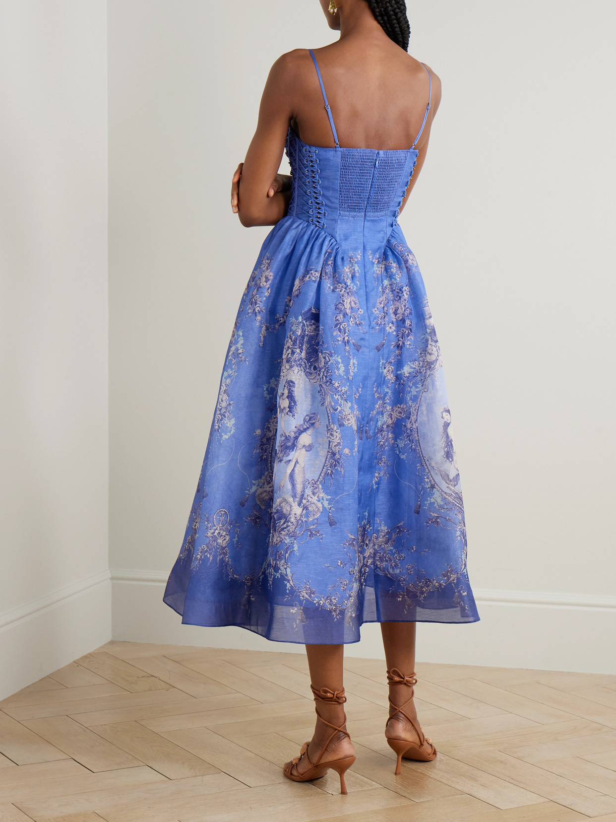 Zimmermann Rebellion Lace-up Embellished Pleated Gathered Printed Linen And Silk-blend Midi Dress In Blue