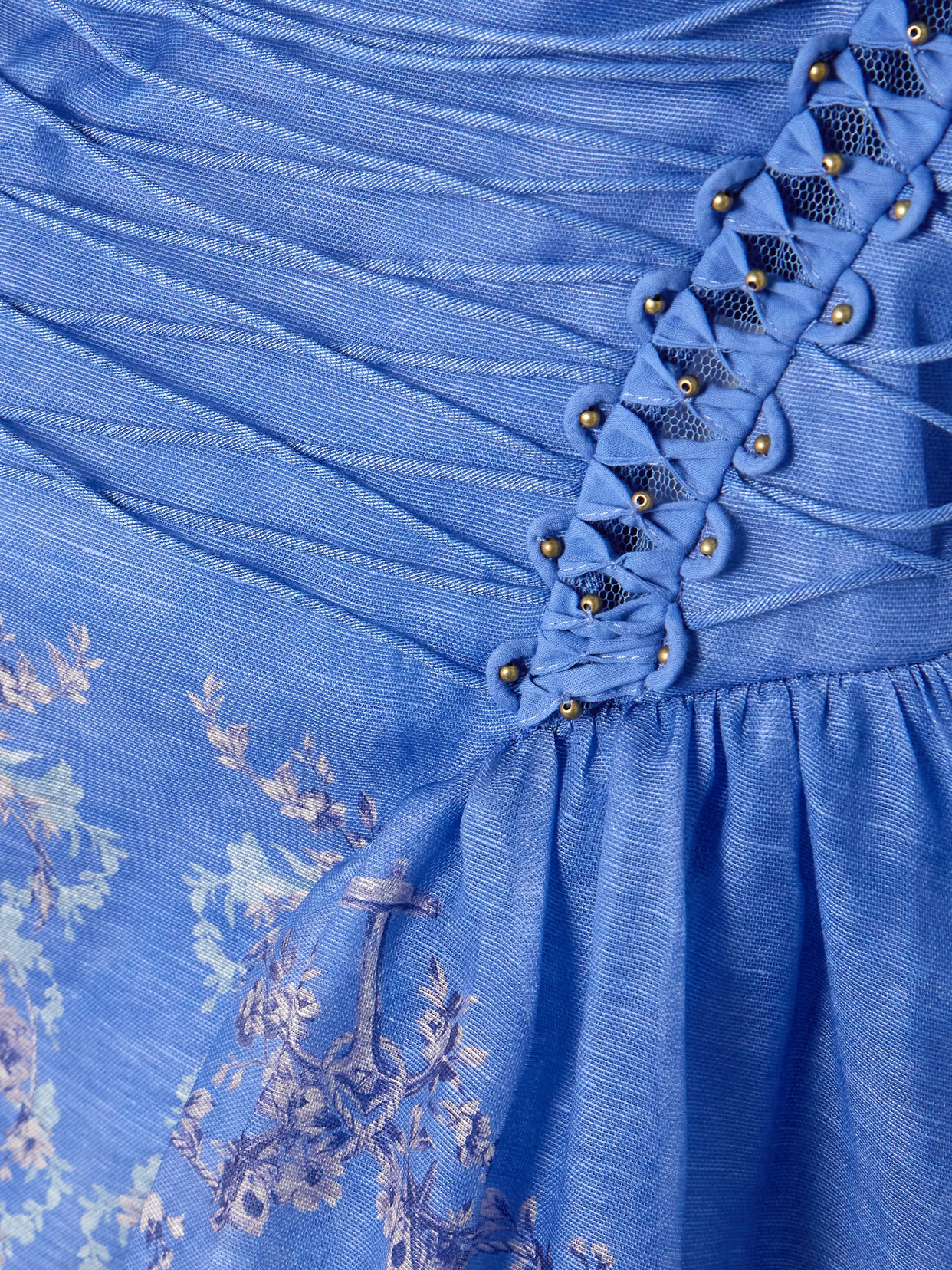 Zimmermann Rebellion Lace-up Embellished Pleated Gathered Printed Linen And Silk-blend Midi Dress In Blue