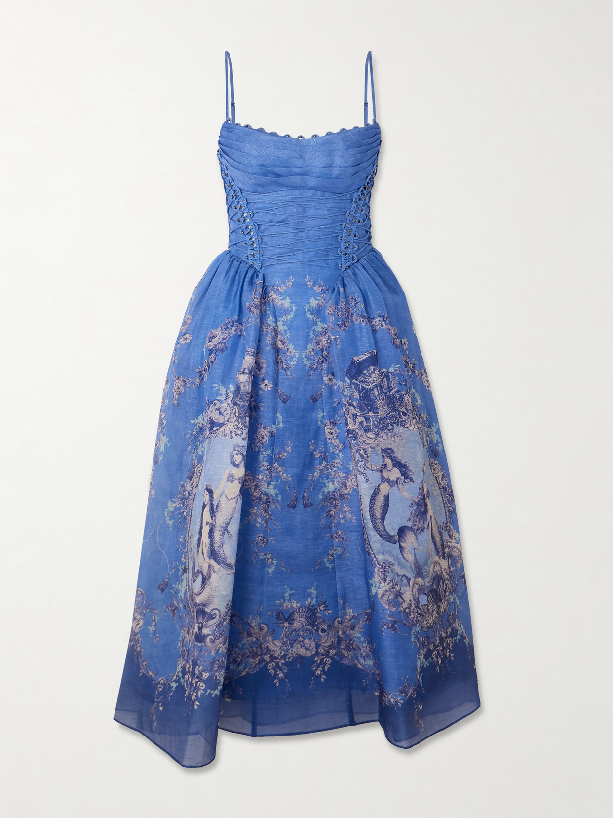 Zimmermann Rebellion Lace-up Embellished Pleated Gathered Printed Linen And Silk-blend Midi Dress In Blue