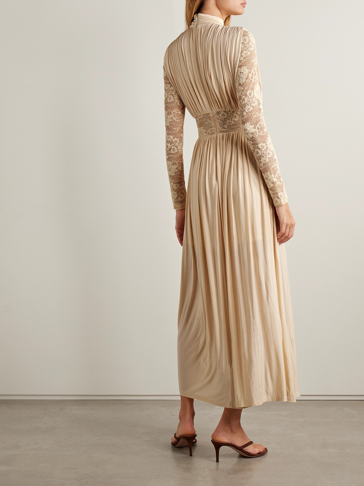 Zimmermann Ruched Stretch-jersey And Lace Maxi Dress In Multi