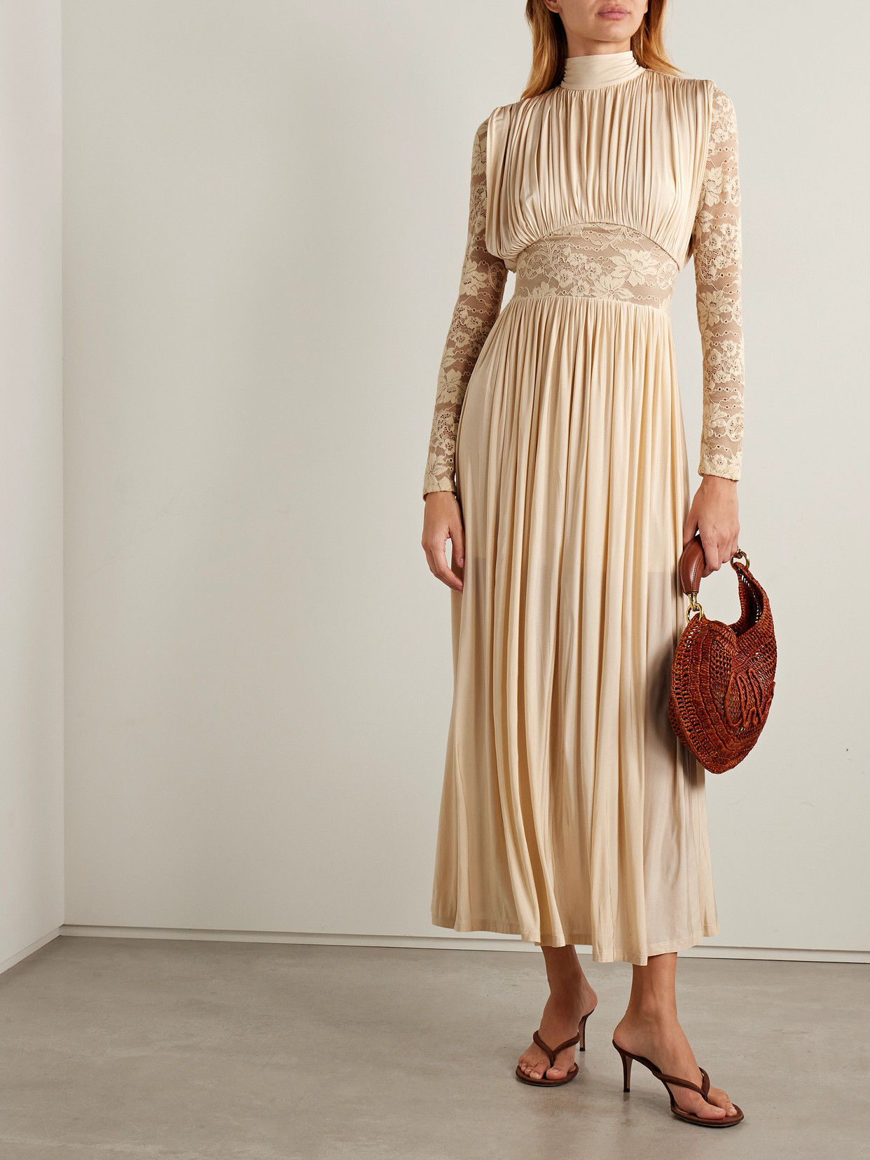 Zimmermann Ruched Stretch-jersey And Lace Maxi Dress In Multi