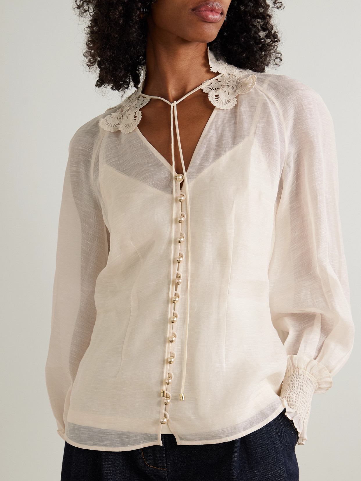Rebellion Lace-Trimmed Gathered Linen And Silk-Blend Gauze Blouse
