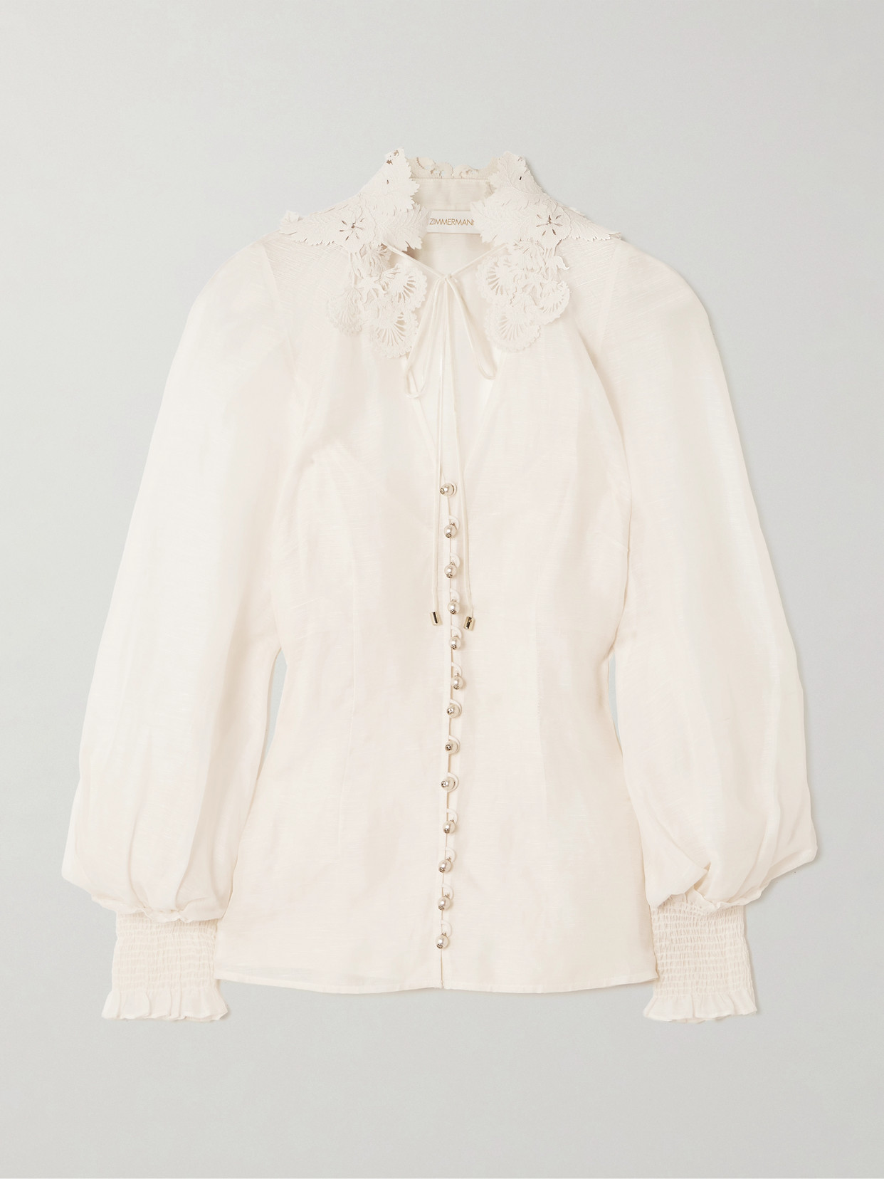 Zimmermann Rebellion Lace-trimmed Gathered Linen And Silk-blend Gauze Blouse In White