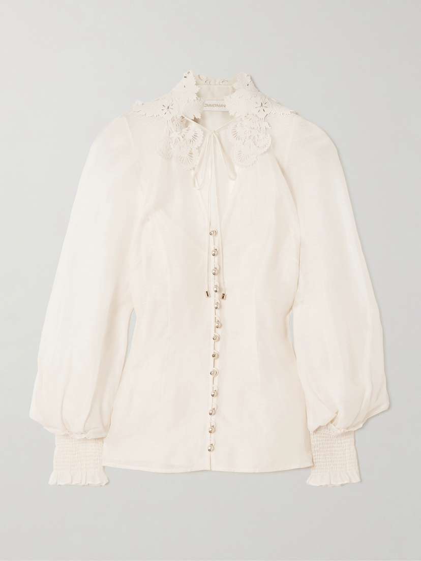 Zimmermann Rebellion Lace-trimmed Gathered Linen And Silk-blend Gauze Blouse