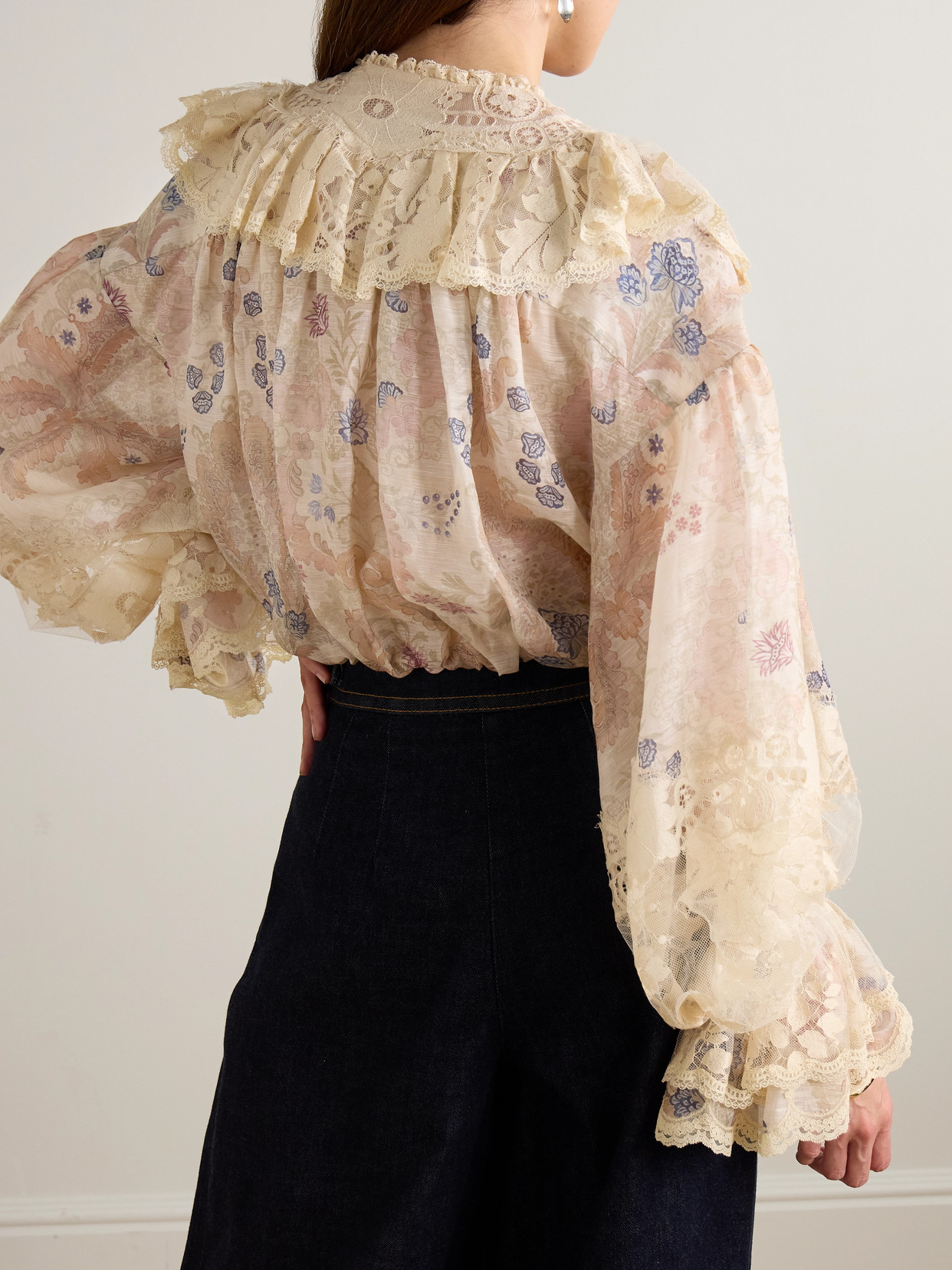 Zimmermann Rebellion Lace-up Ruffled Floral-print Linen And Silk-blend Top In White