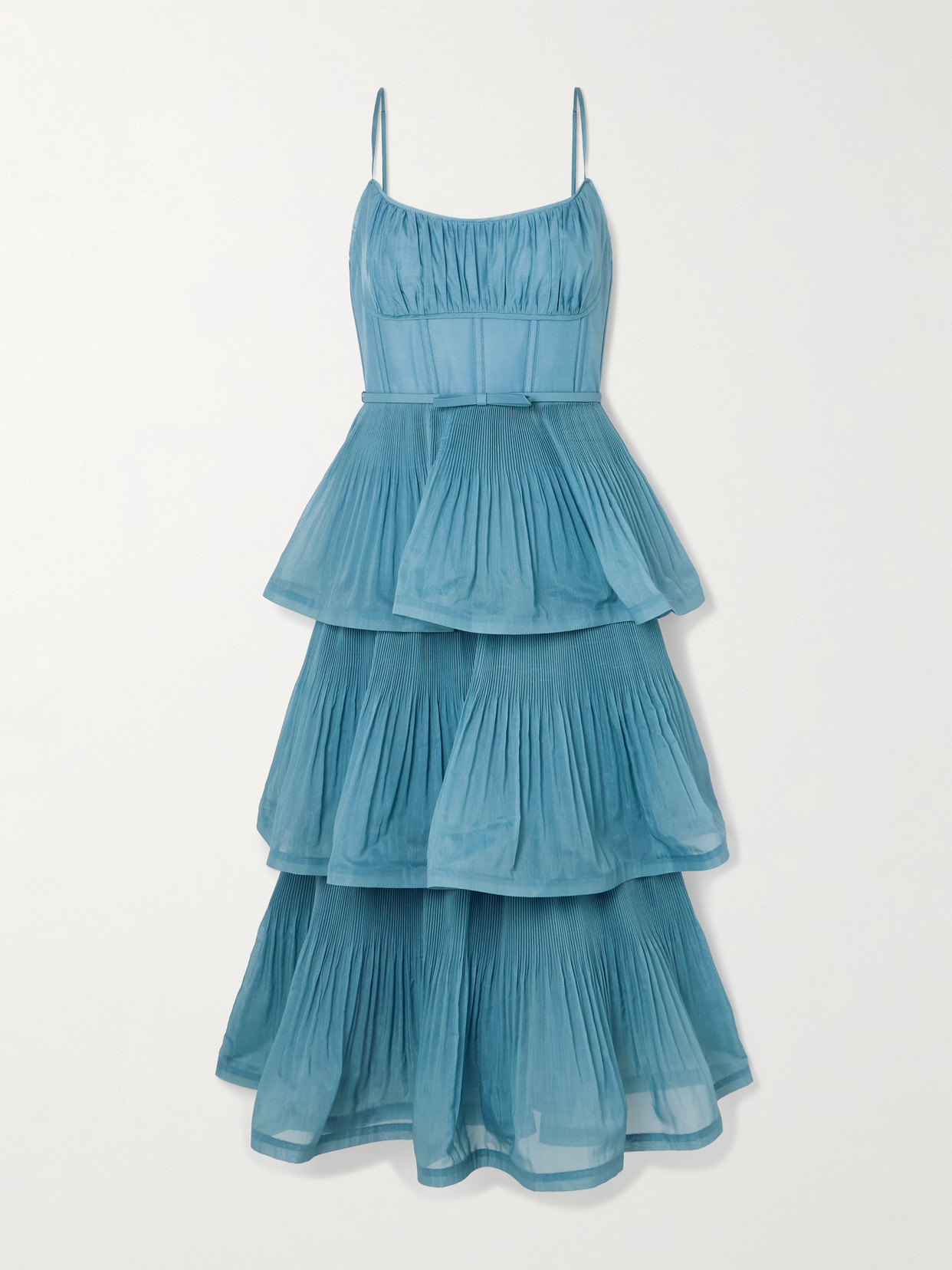Zimmermann Tiered Pleated Voile Midi Dress In Blue