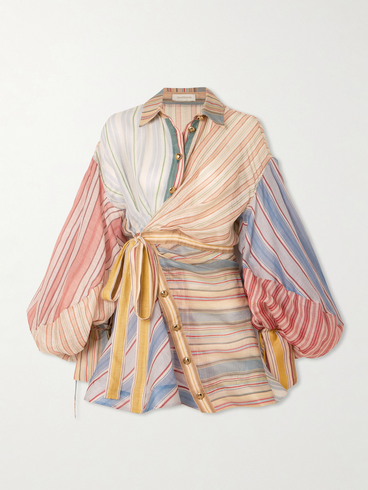 Zimmermann Rebellion Patchwork Striped Linen And Silk-blend Voile Mini Wrap Dress In Multi