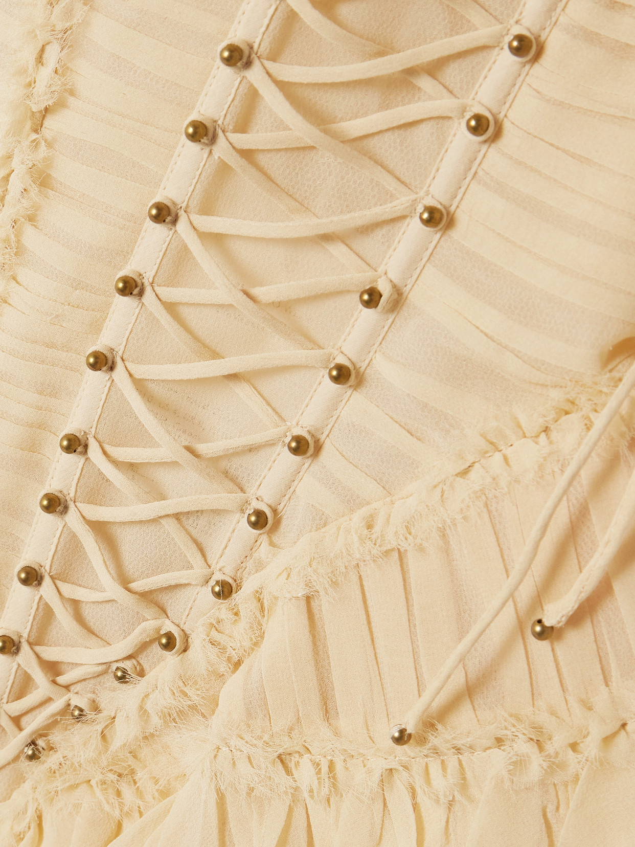 Zimmermann Rebellion Embellished Lace-up Frayed Ruched Silk Peplum Top In Gold