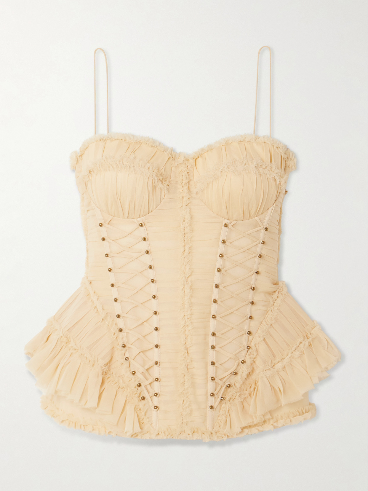Zimmermann Rebellion Embellished Lace-up Frayed Ruched Silk Peplum Top In Gold