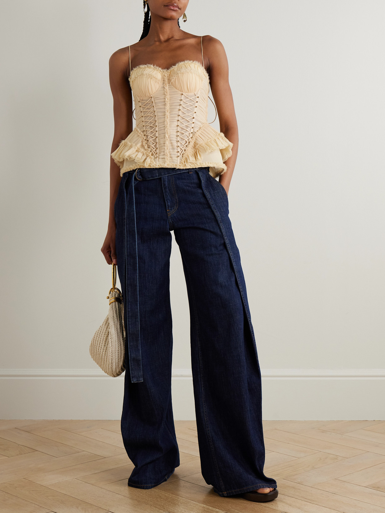 Zimmermann Rebellion Embellished Lace-up Frayed Ruched Silk Peplum Top In Gold