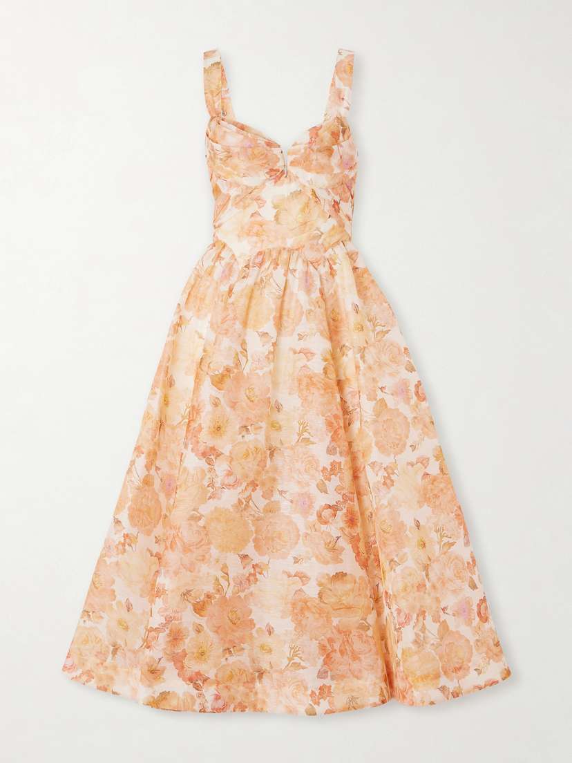 Zimmermann Rebellion Floral-print Linen And Silk-blend Bustier Midi Dress