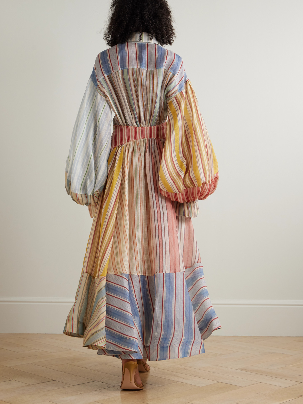 Zimmermann Rebellion Patchwork Striped Linen And Silk-blend Voile Midi Wrap Dress In Multi