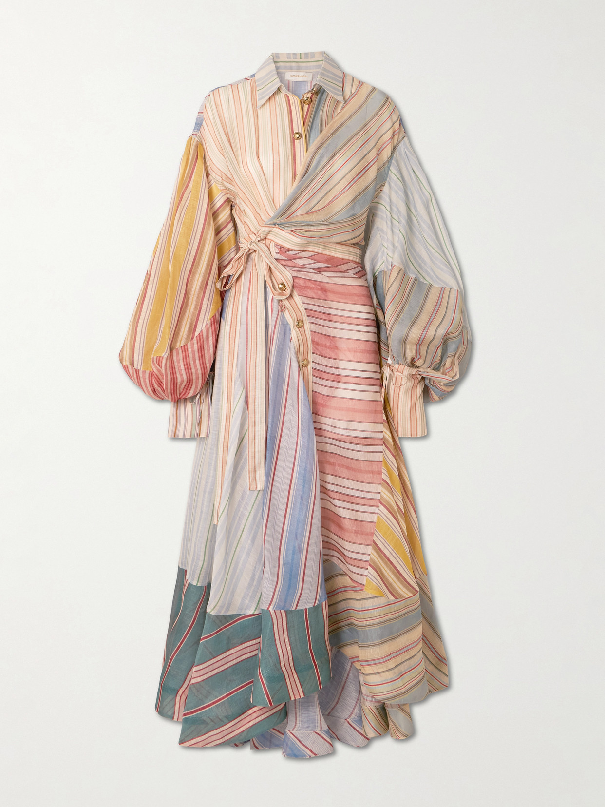 Zimmermann Rebellion Patchwork Striped Linen And Silk-blend Voile Midi Wrap Dress In Multi