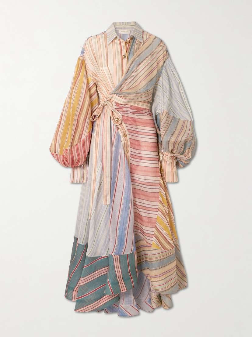 Zimmermann Rebellion Patchwork Striped Linen And Silk-blend Voile Midi Wrap Dress