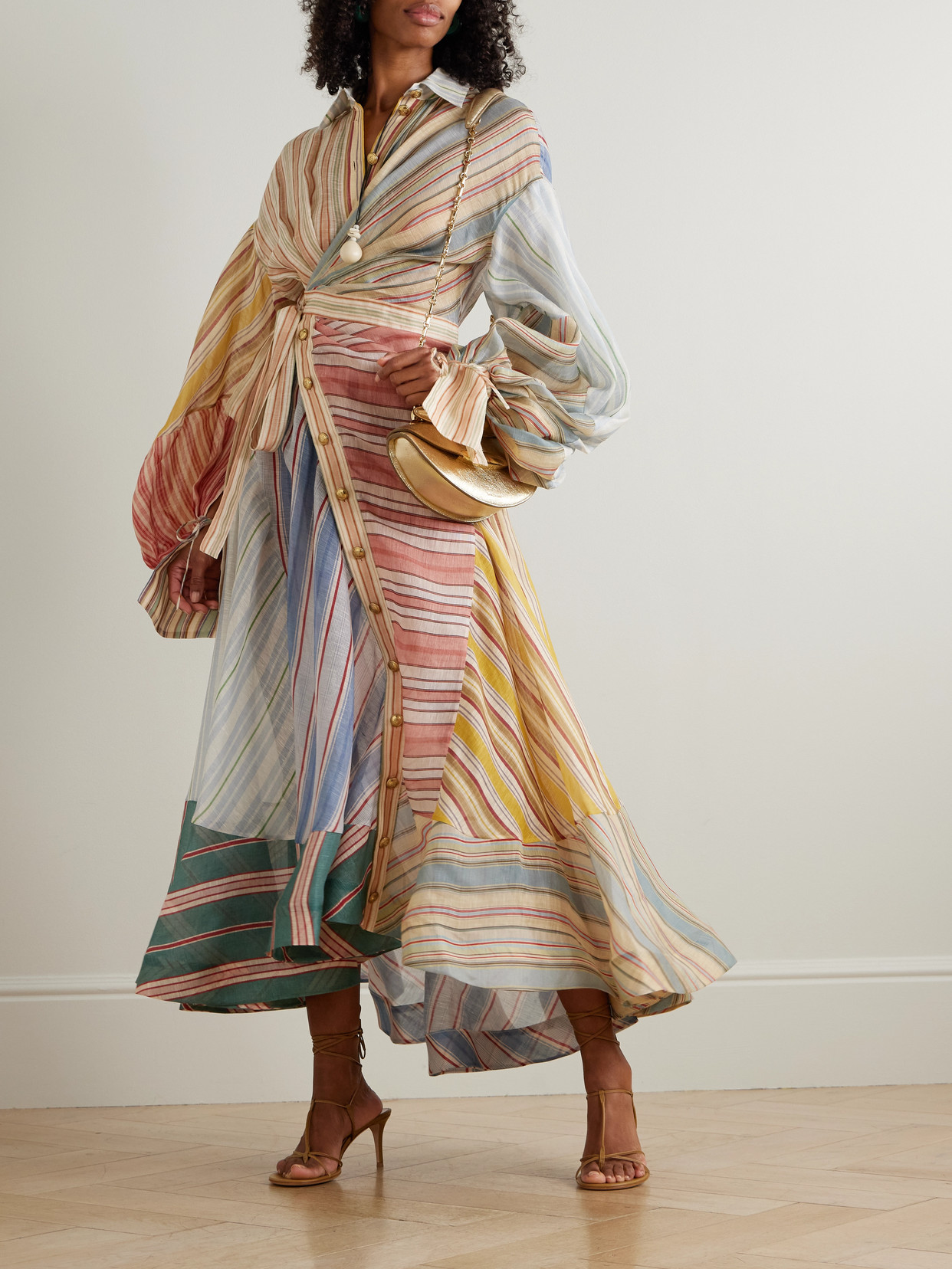 Zimmermann Rebellion Patchwork Striped Linen And Silk-blend Voile Midi Wrap Dress In Multi