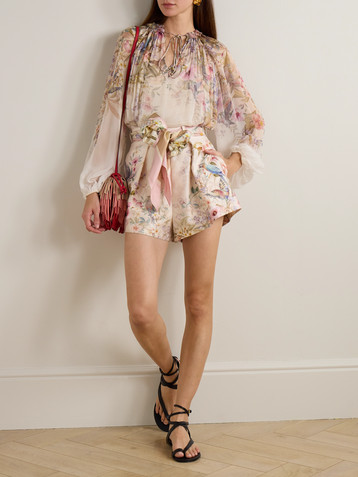 Zimmermann Rebellion Tuck tie-detailed printed silk and cotton-blend shorts