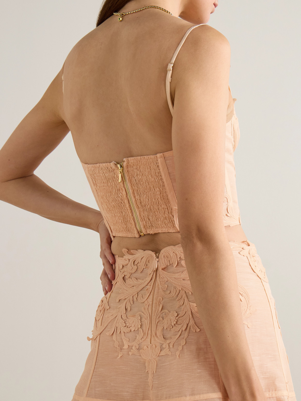 Zimmermann Rebellion Appliquéd Linen And Silk-blend Corset Top In Orange