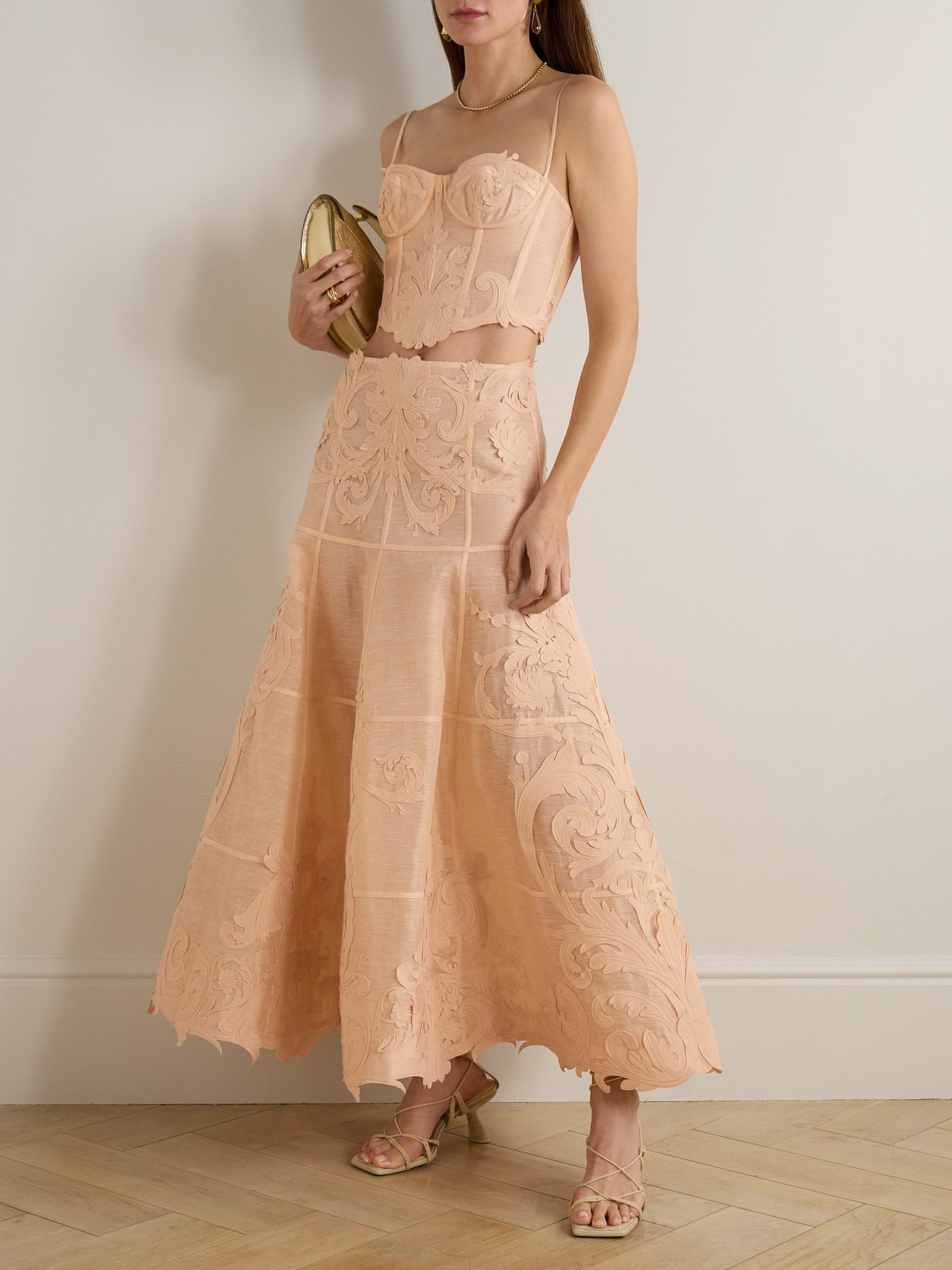 Zimmermann Rebellion Appliquéd Linen And Silk-blend Corset Top In Orange