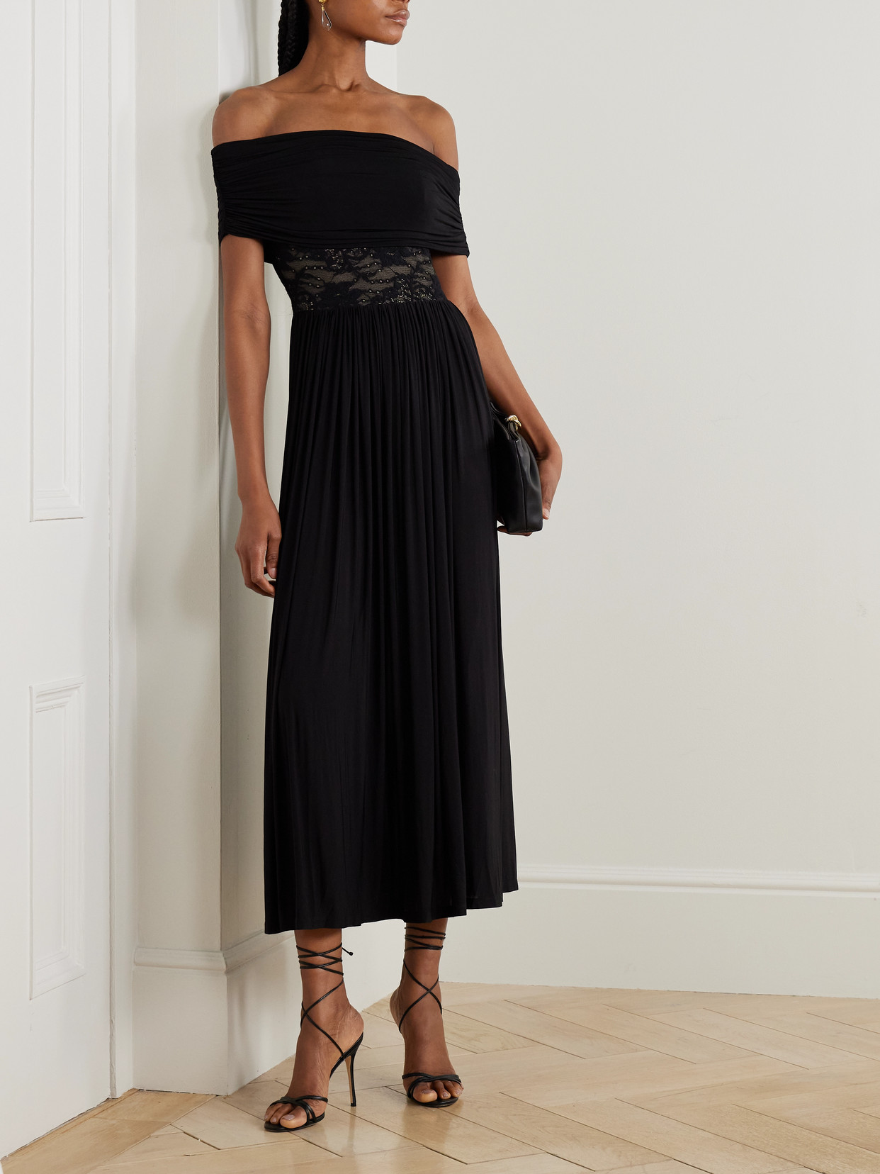 Zimmermann Off-the-shoulder Lace-trimmed Gathered Stretch-jersey Maxi Dress In Black
