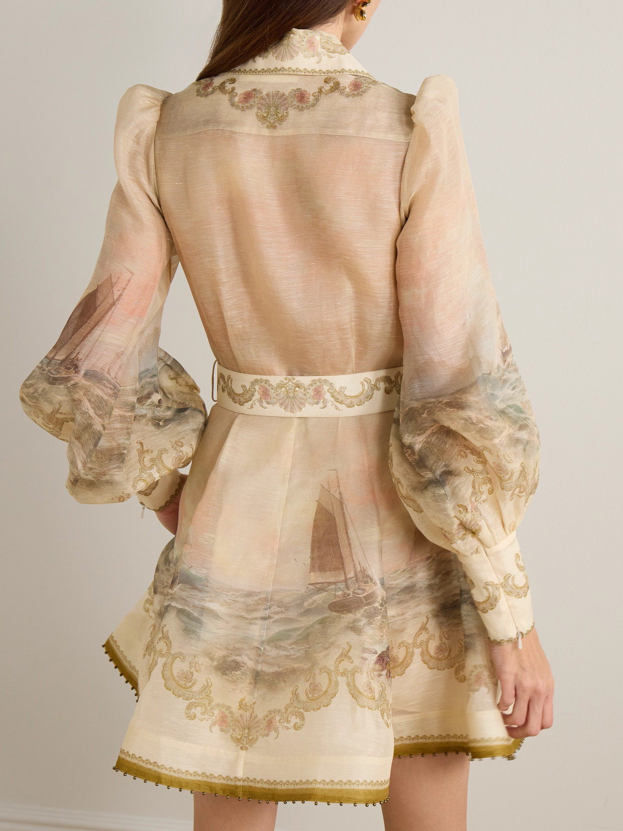 Zimmermann Rebellion Bead-embellished Belted Printed Linen And Silk-blend Mini Dress In Neutral