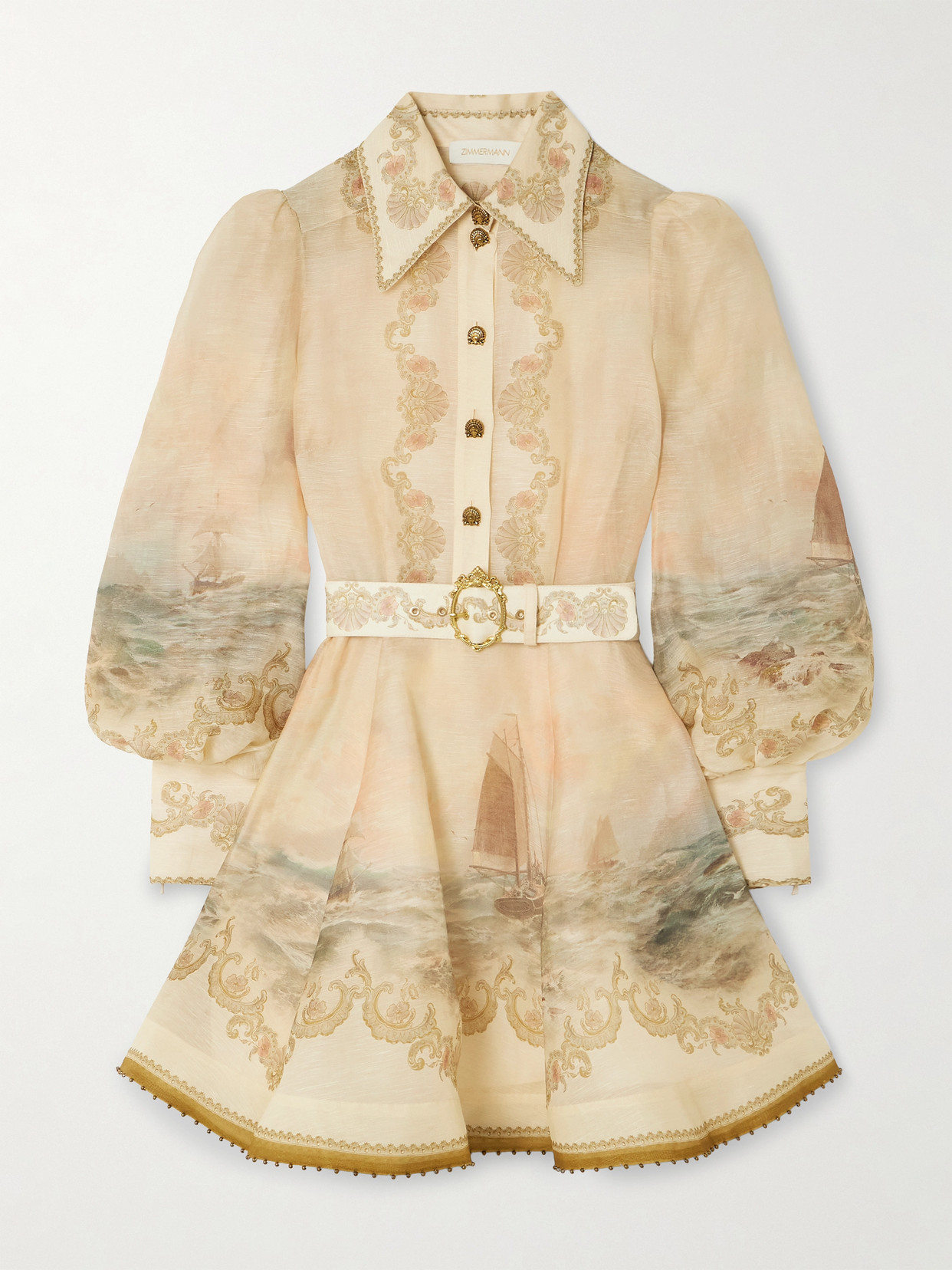 Zimmermann Rebellion Bead-embellished Belted Printed Linen And Silk-blend Mini Dress In Neutral