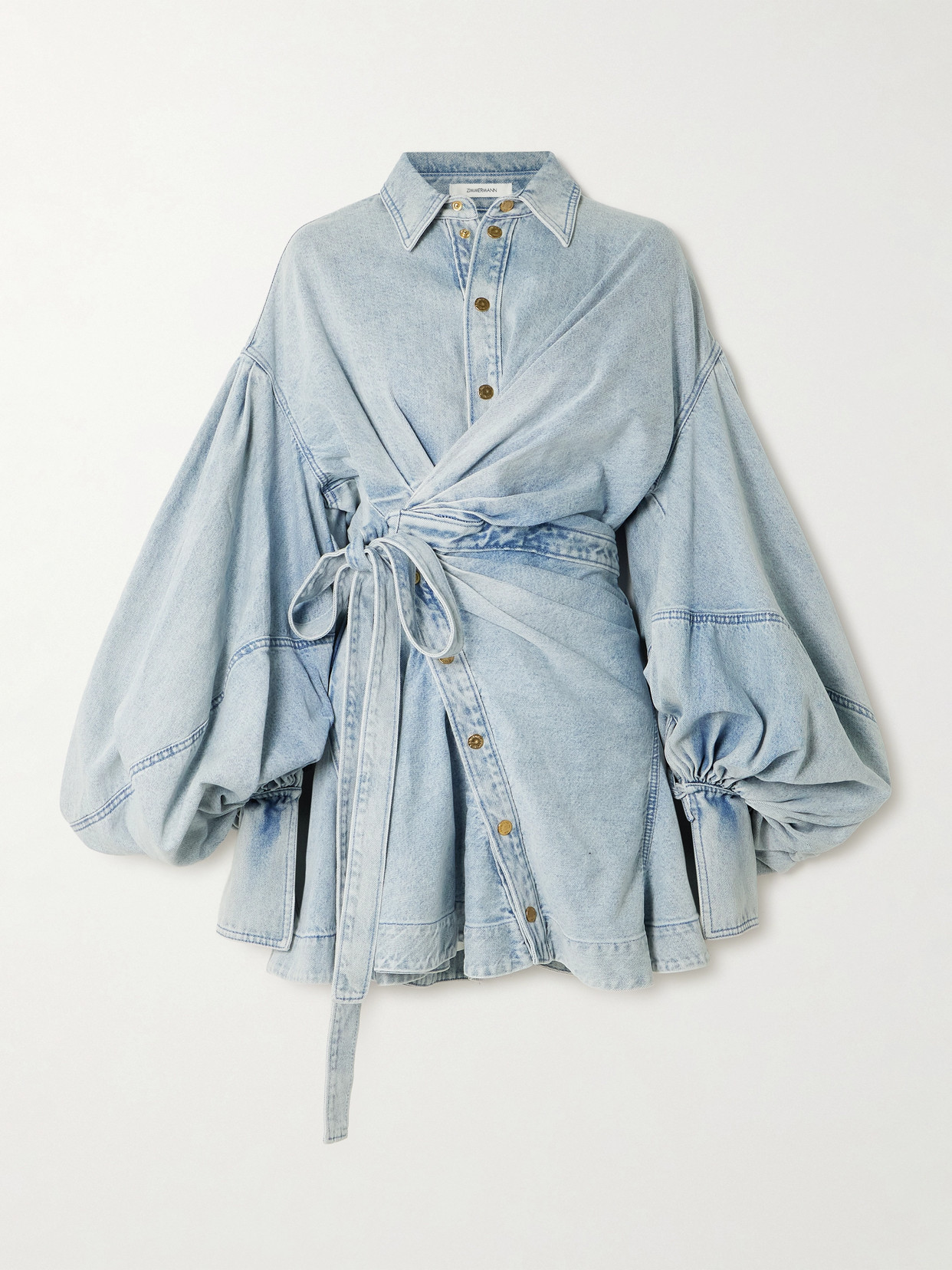 Zimmermann Rebellion Gathered Denim Mini Wrap Dress In Blue