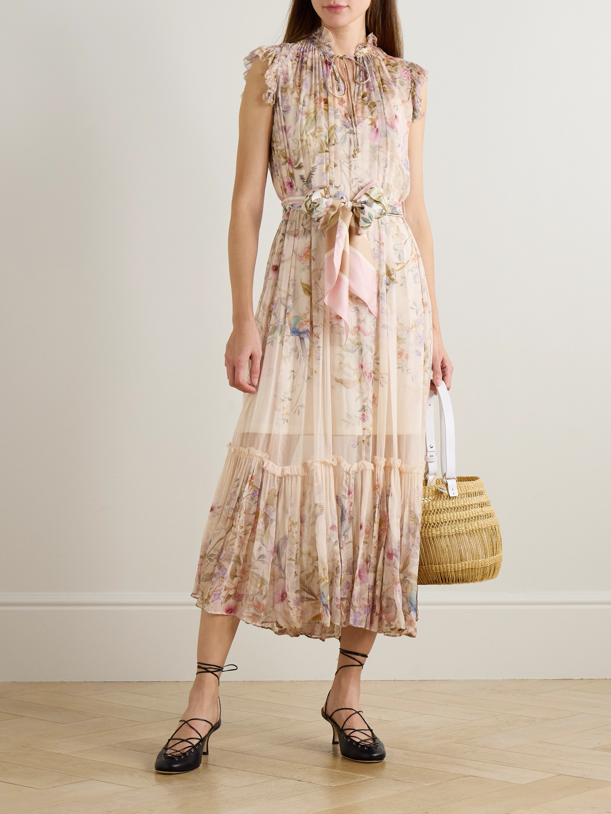 Zimmermann Rebellion Tie-detailed Ruffled Printed Chiffon Maxi Dress In White