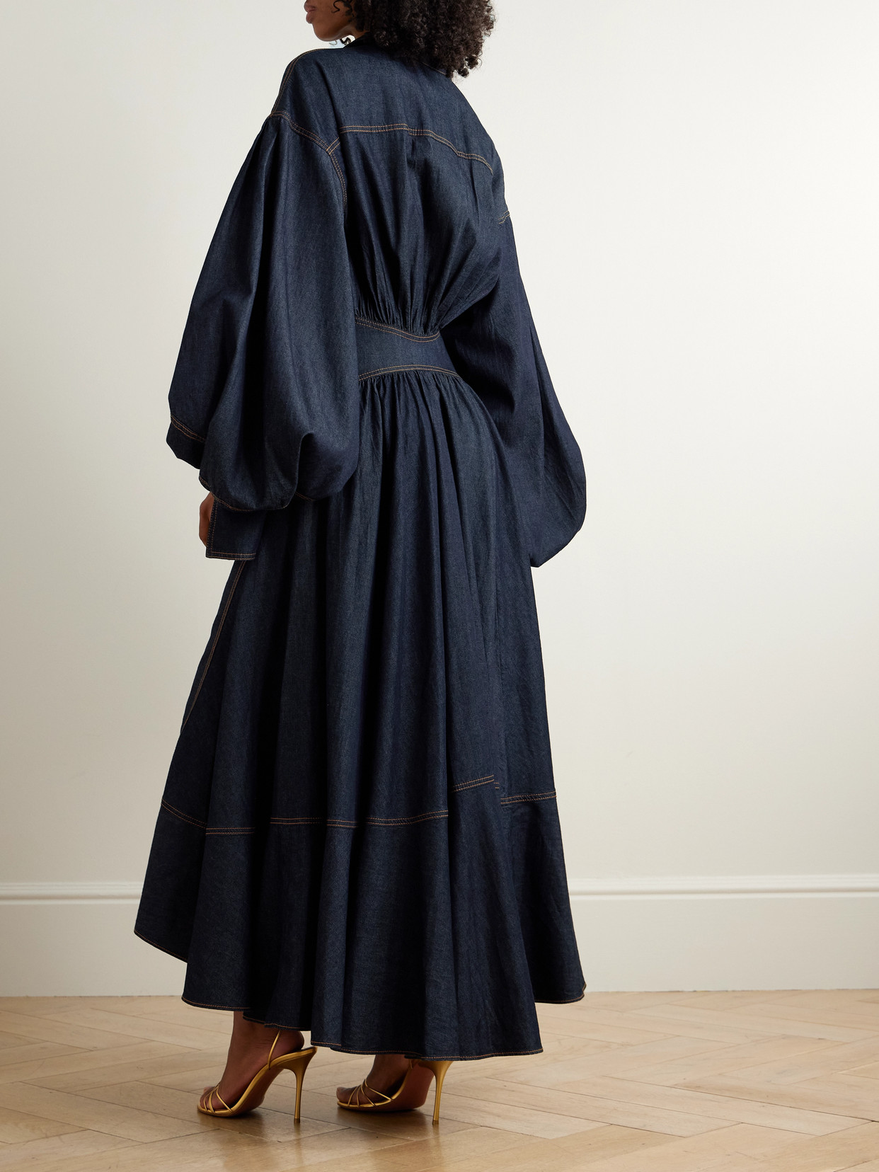 Zimmermann Rebellion Gathered Denim Midi Wrap Dress In Blue
