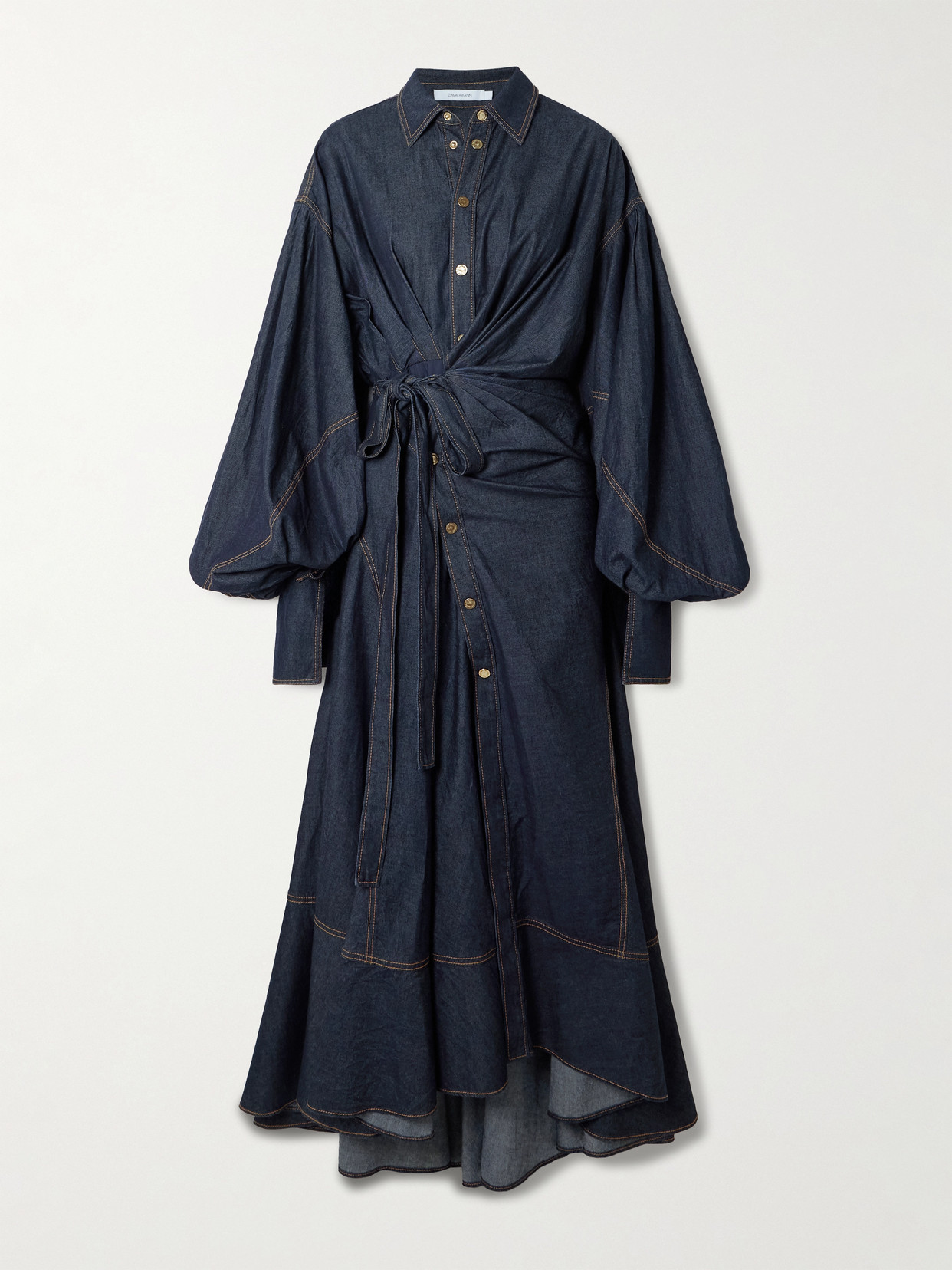 Zimmermann Rebellion Gathered Denim Midi Wrap Dress In Blue