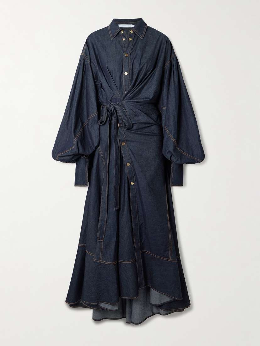 Zimmermann Rebellion Gathered Denim Midi Wrap Dress