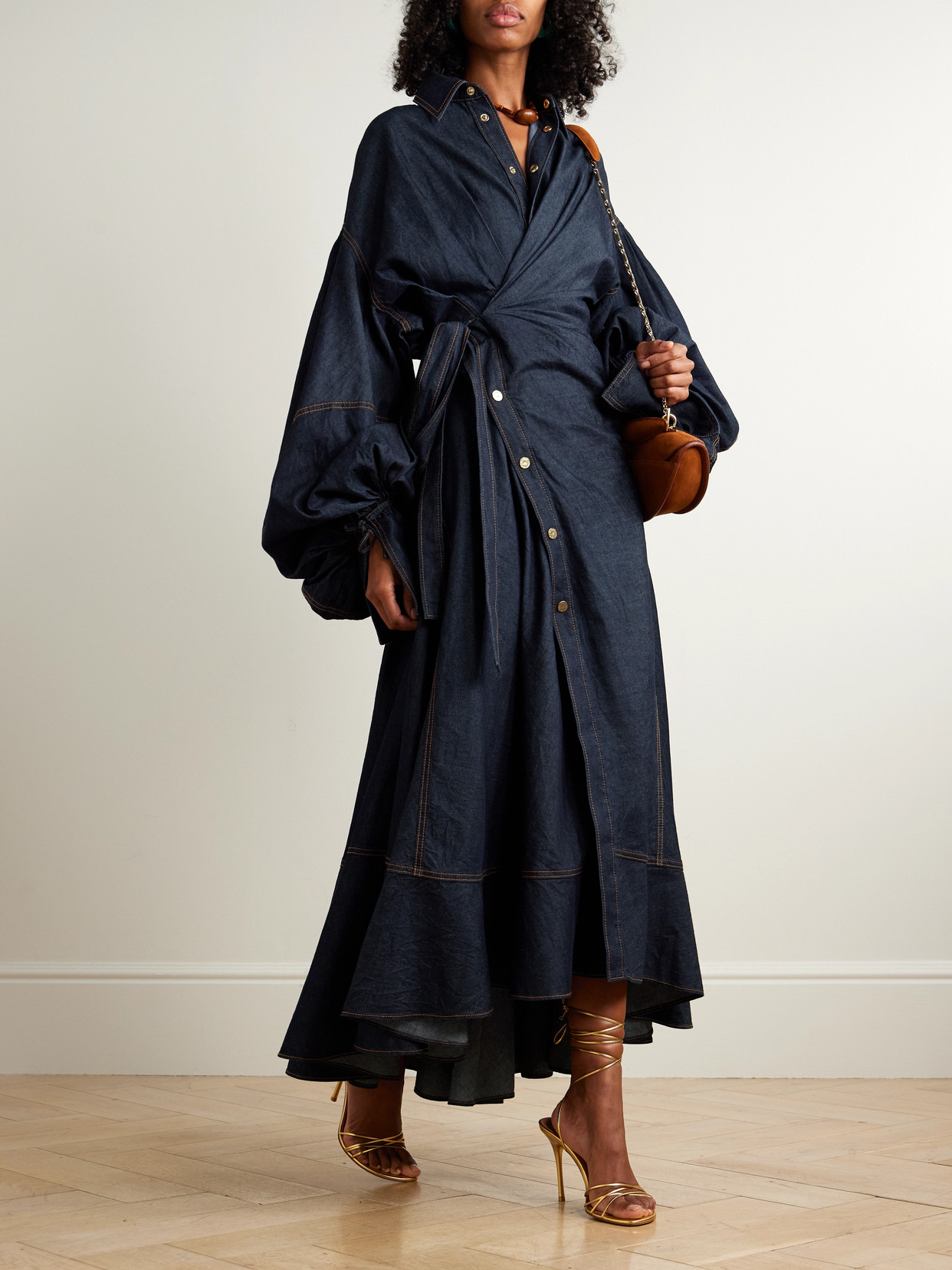 Zimmermann Rebellion Gathered Denim Midi Wrap Dress In Blue