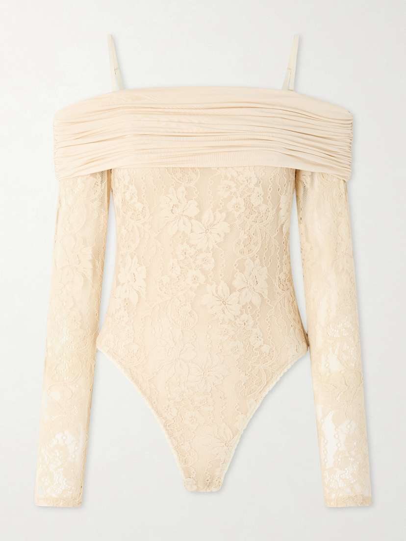 Zimmermann Off-the-shoulder Ruched Jersey And Stretch-lace Bodysuit