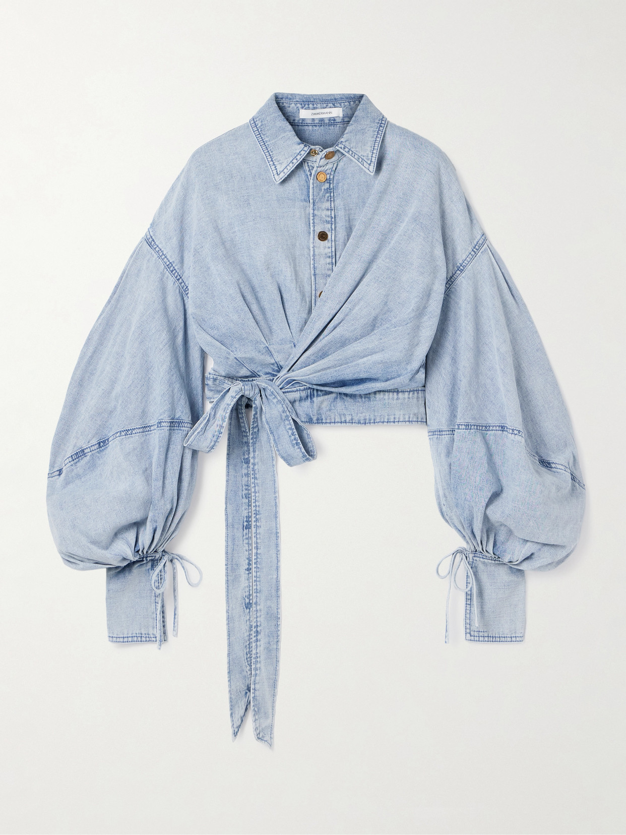Zimmermann Cropped Wrap-effect Denim Top In Blue