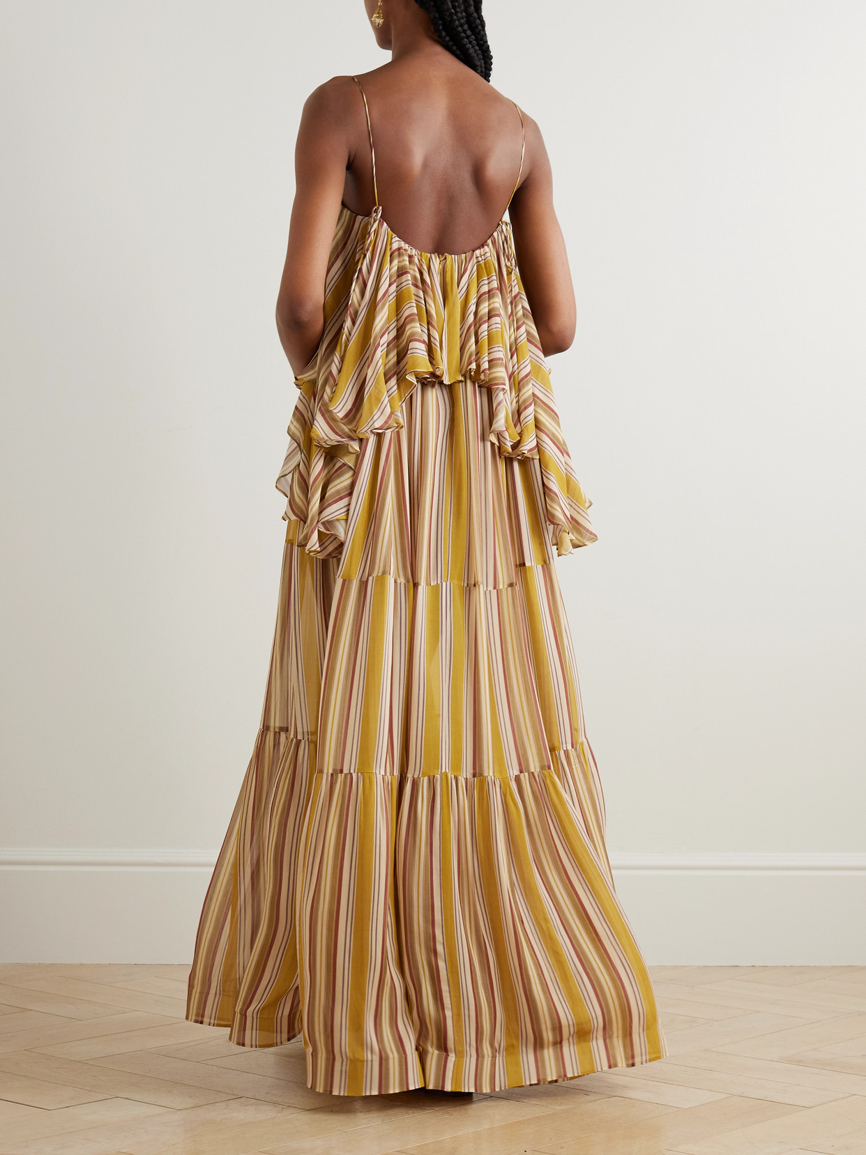 Zimmermann Rebellion Ruffled Tiered Striped Crepe De Chine Midi Dress In Orange