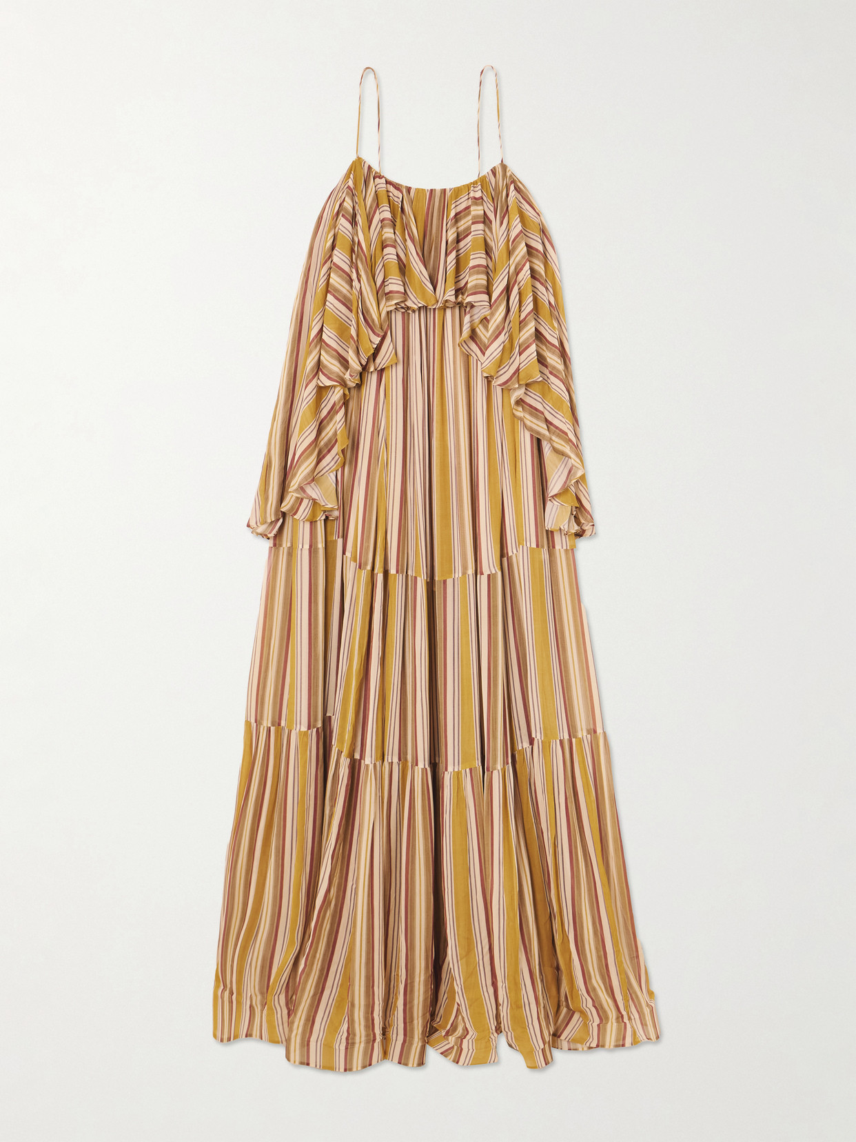 Zimmermann Rebellion Ruffled Tiered Striped Crepe De Chine Midi Dress In Orange