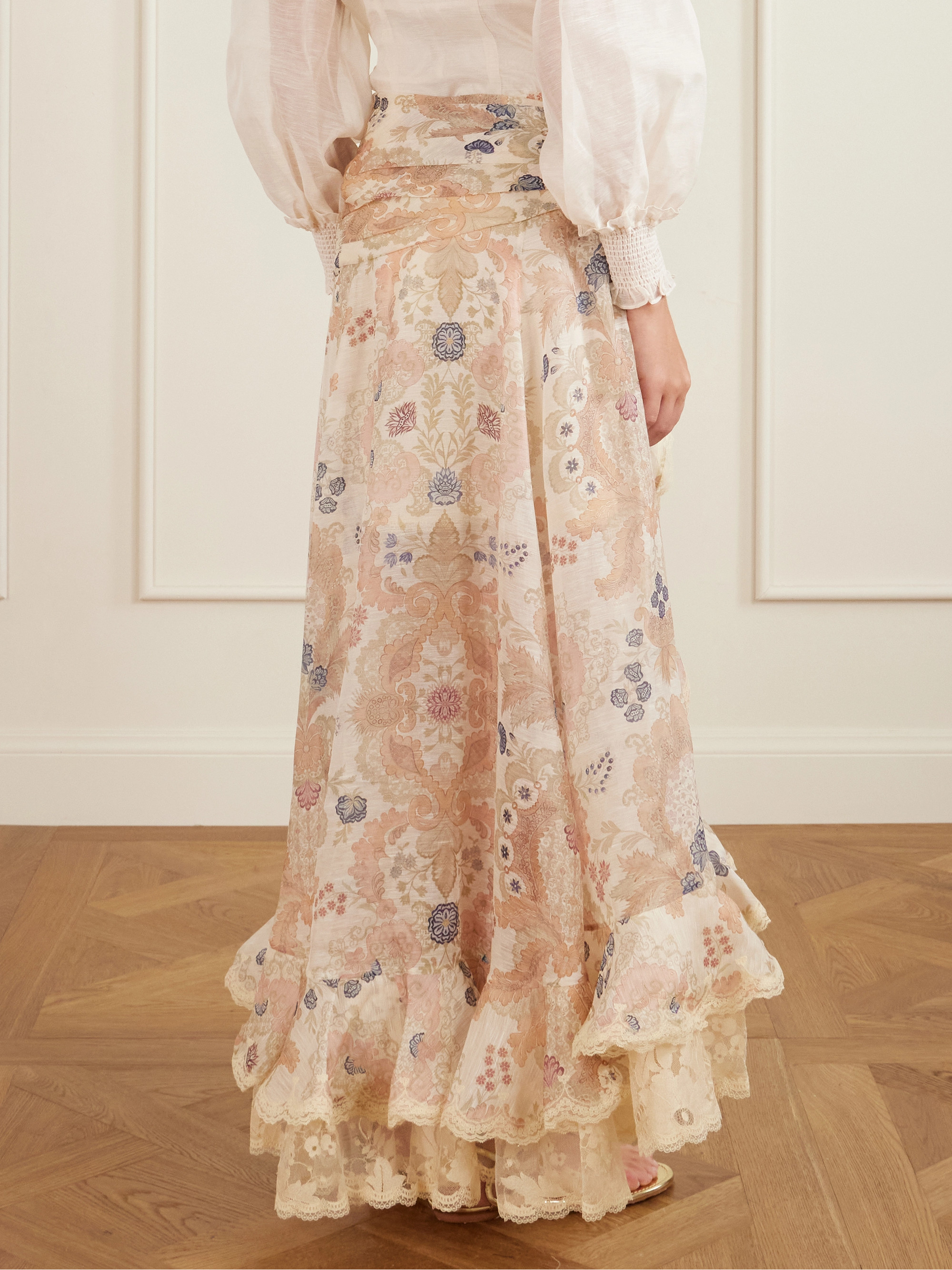 Zimmermann Rebellion lace-trimmed floral-print linen and silk-blend maxi skirt thumbnail