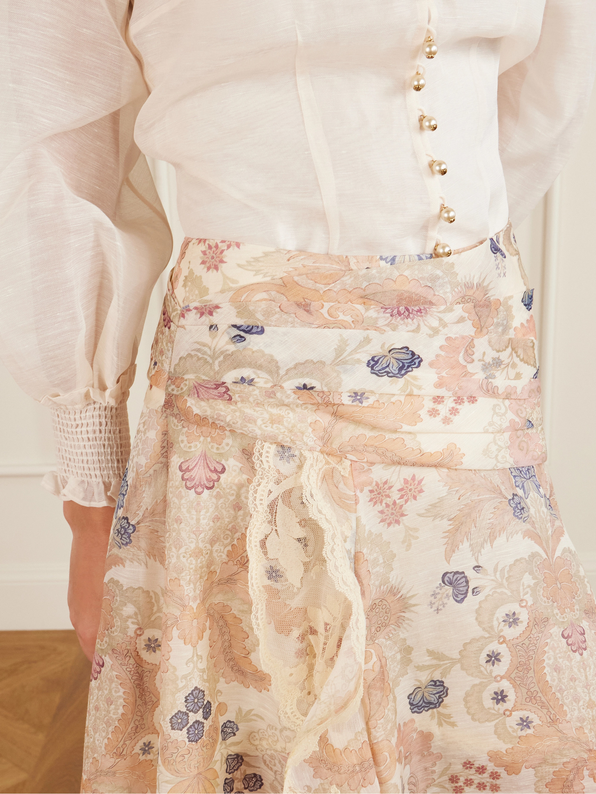 Zimmermann Rebellion lace-trimmed floral-print linen and silk-blend maxi skirt thumbnail