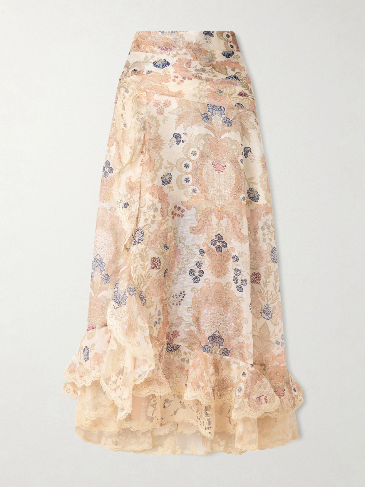Zimmermann Rebellion Lace-trimmed Floral-print Linen And Silk-blend Maxi Skirt In Pink