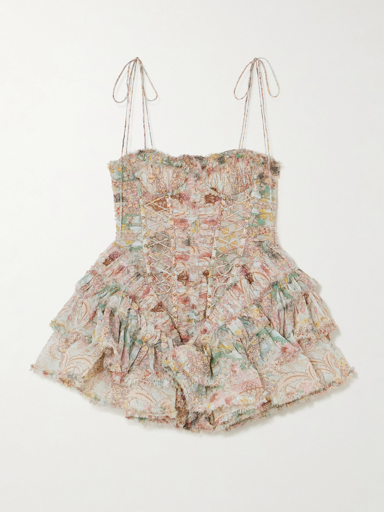 Zimmermann Rebellion Bead-embellished Ruffled Printed Silk Mini Dress In Pink