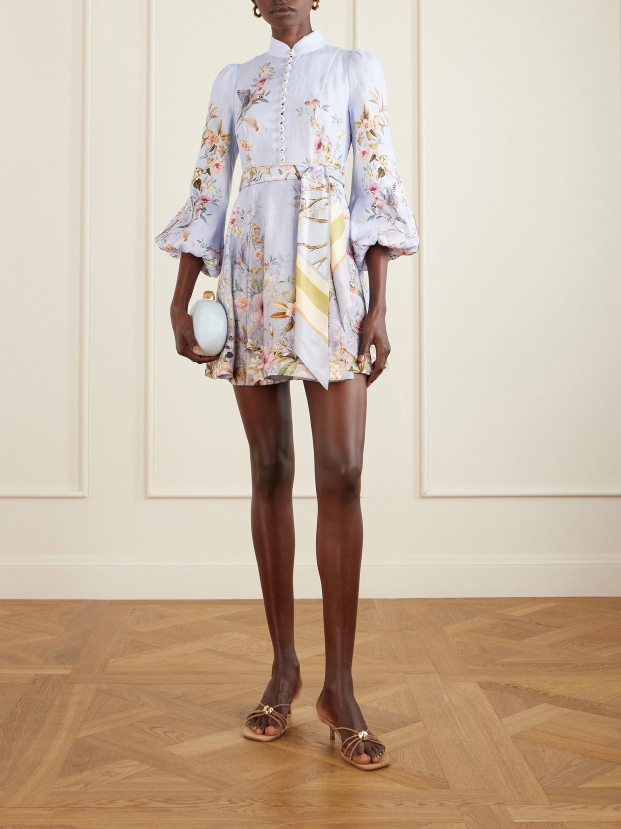 Zimmermann Rebellion Multicolor Midi Dress With Bow Detail On The Front And All-over Floral Print In Linen Woma In Blue