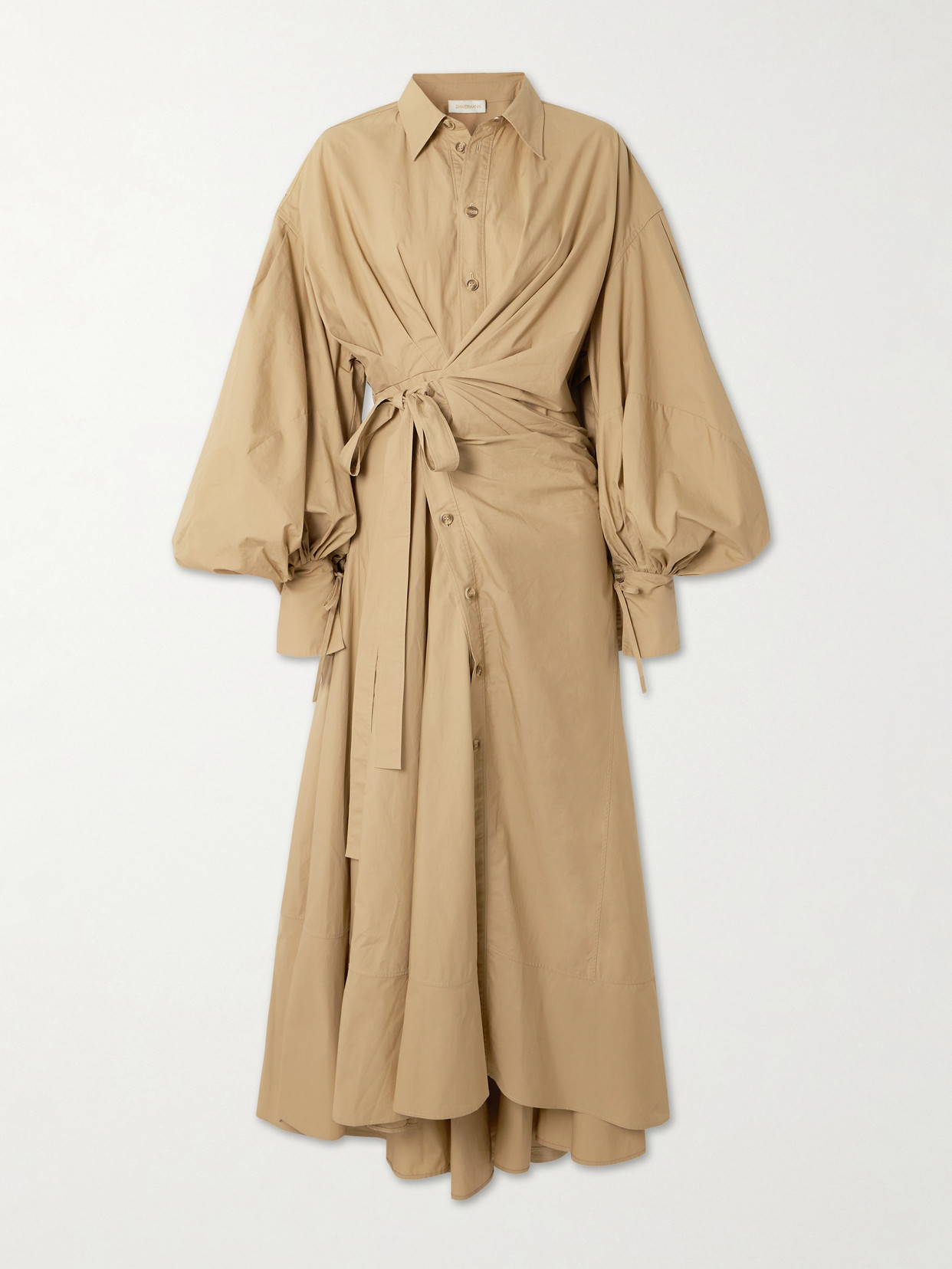 Zimmermann Rebellion Gathered Cotton-poplin Midi Wrap Dress In Brown
